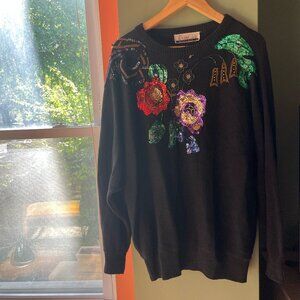 Large Vintage Black Batwing Sweater with Sequin Flowers!